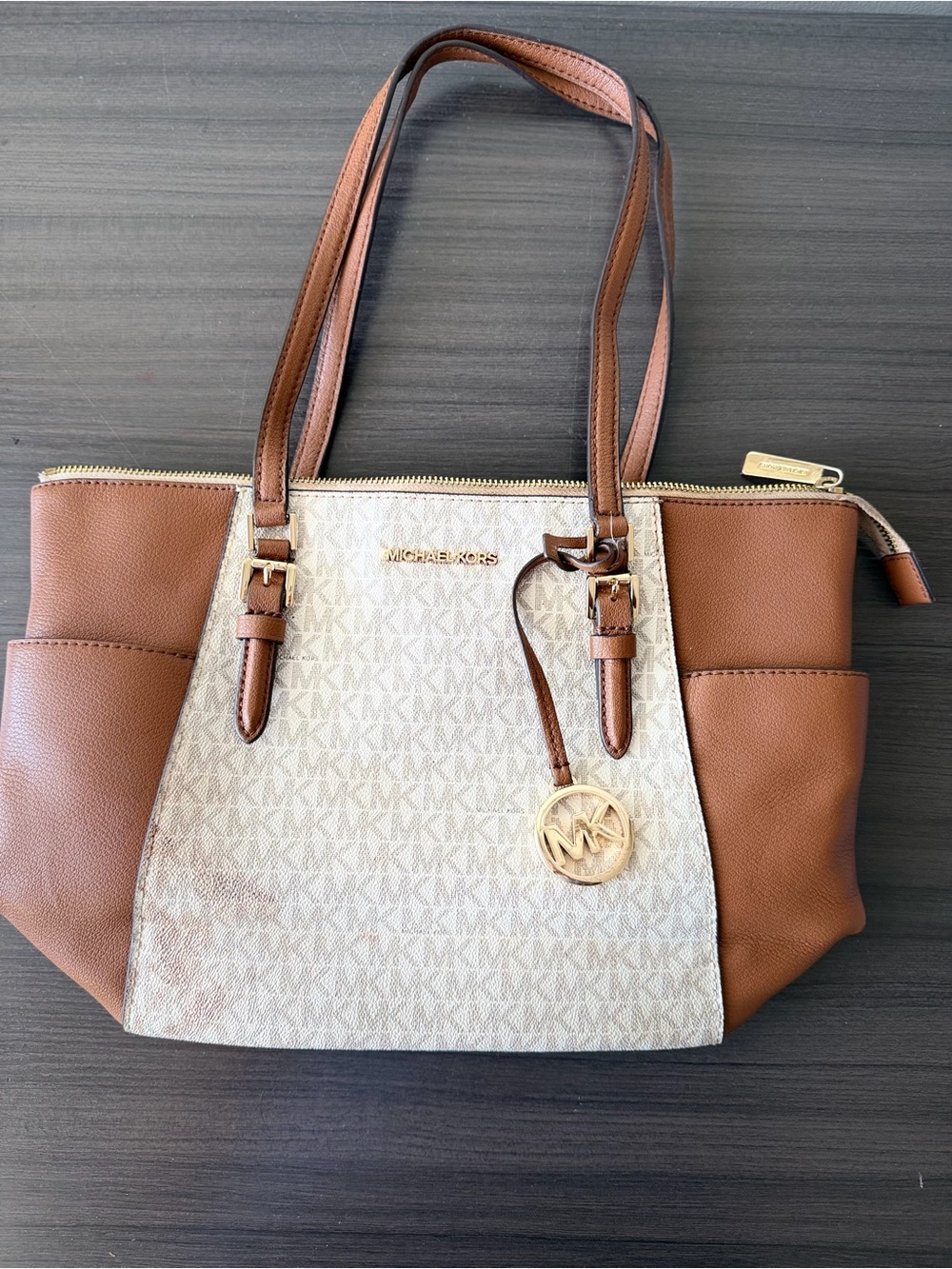 Michael Kors Monogram Tote Bag Medium Vanilla Brown MK Logo Charm Pocket